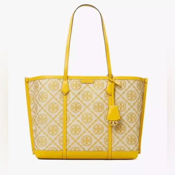 Tory Burch Perry Monogram Jacquard Triple-Compartment Tote in Goldfinch - Picture 8 of 9